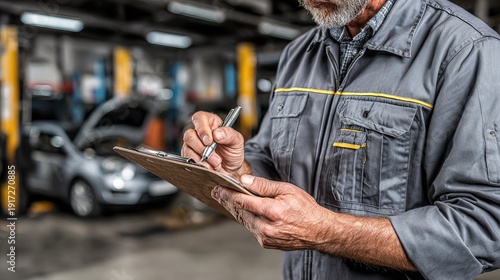 Professional Automotive Mechanic Inspecting and Noting Car Repair on Clipboard