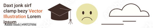 Education, emotions, challenges, academic journey, achievement, growth. Graduation cap, sad face and cloud illustration. Education and emotions conveyed through symbols