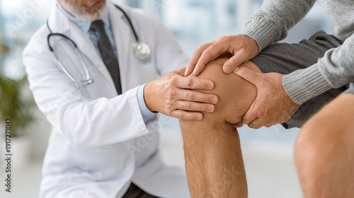Close Up Professional Physician Examining Patient Knee in Medical Office