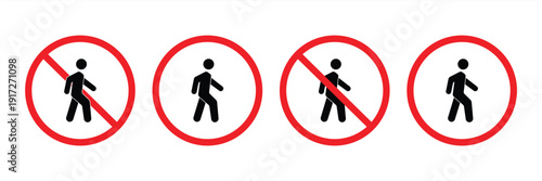 Sign is no pedestrian. Prohibition sign, no pedestrian crossing. Red crossed circle with a silhouette of a man inside. It is not allowed to go over. Round red stop sign, do not cross road.