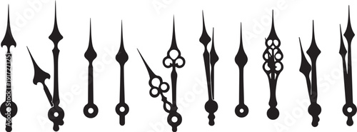 Collection of various clock hands on white background
