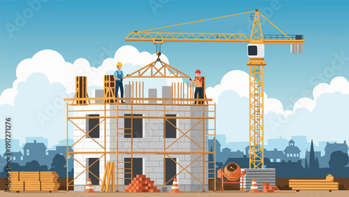 Vector illustration of construction site with crane and building 41.eps