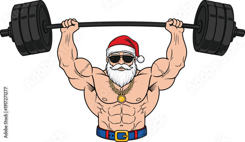 Cartoon muscular Santa Claus illustration lifting heavy barbell with sunglasses, humorous festive strength parody, fitness Christmas character, and holiday comic scene
