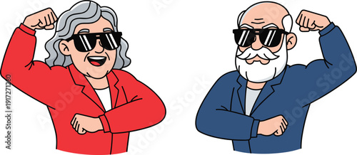 Cartoon older adults illustration with sunglasses flexing arms, humorous confident seniors, empowered aging, lifestyle character design, and playful comic scene