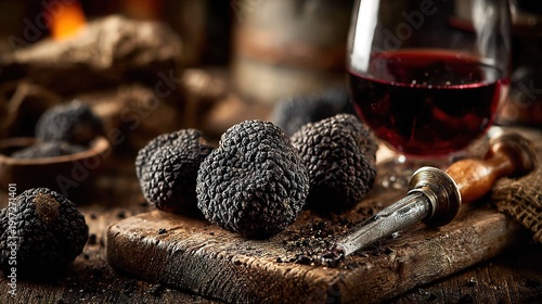 Luxurious Close-Up Black Truffle with Wine Glass Culinary Still Life