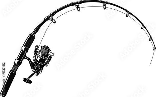 Detailed black and white fishing rod with spinning reel, bent under tension, line guides visible, angling equipment educational illustration