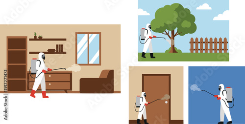 Illustration of person in protective gear disinfecting rooms, doors, trees, and empty spaces, sanitation hygiene cleaning practices artwork