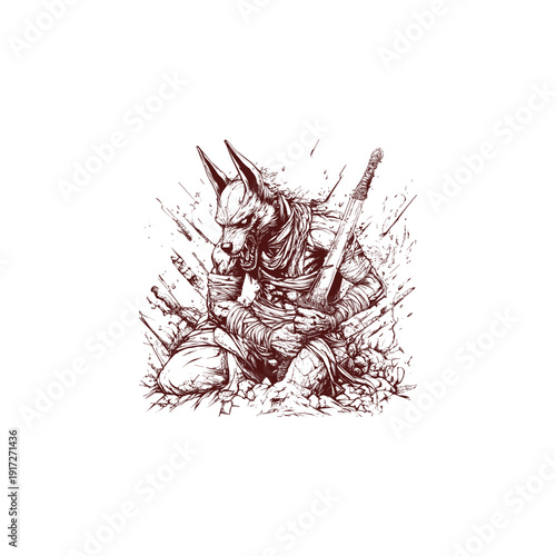 Fierce werewolf warrior or Anubis kneeling with a sword in a dramatic vintage engraving style.