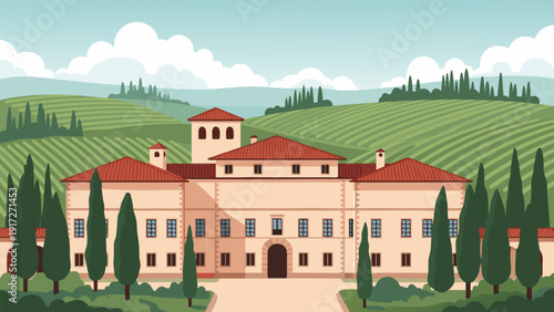 Vector illustration of a grand estate in a lush vineyard landscape with cypress trees, 45.eps