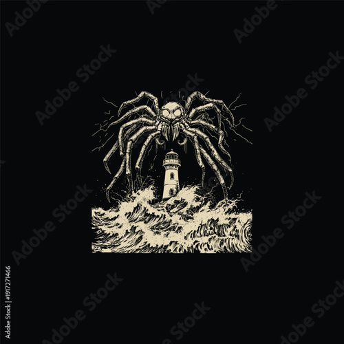 Giant monstrous spider attacking a lighthouse amidst stormy ocean waves in vintage engraving style.