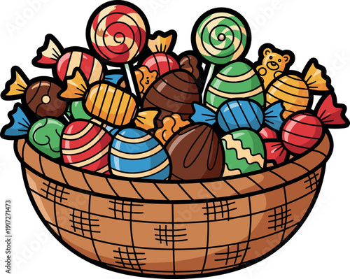 Colorful candies in a brown wooden bowl
