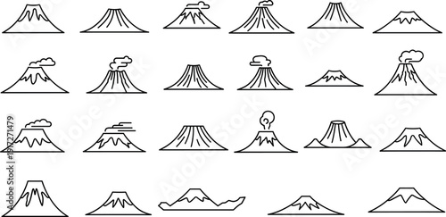 Various volcano illustrations in different eruption stages and shapes