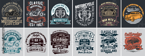 A collection of vintage motorcycle and classic car t-shirt designs.