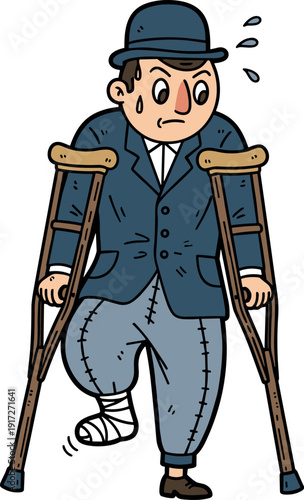Cartoon man with broken leg on crutches looking worried