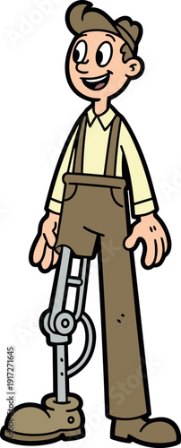 Cartoon man with prosthetic leg smiling