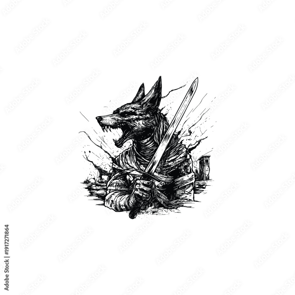 Obraz premium Fierce Anubis warrior or werewolf roaring with a sword in a dynamic vintage engraving style.