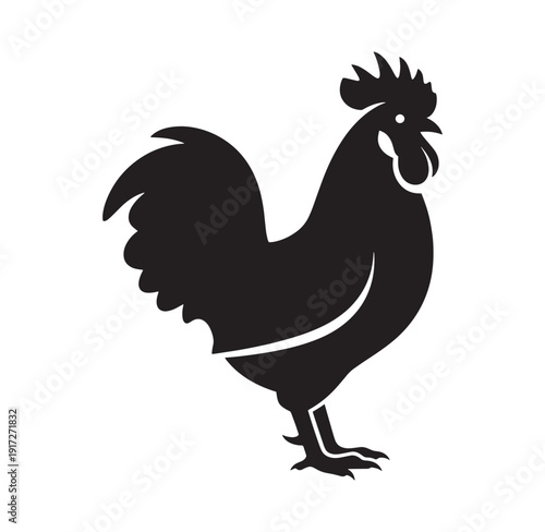 Black silhouette of a rooster standing alone on white background