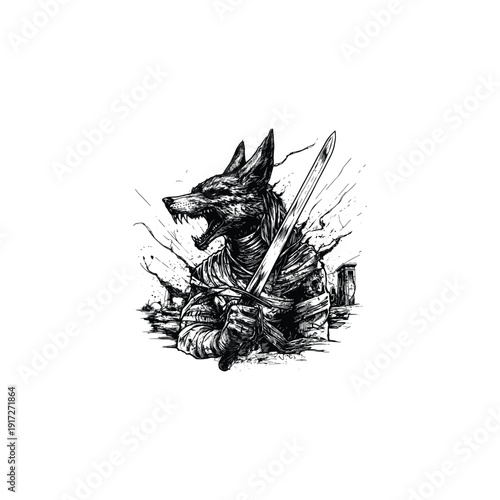 Fierce Anubis warrior or werewolf roaring with a sword in a dynamic vintage engraving style.