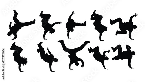 Silhouettes of dancers in various dynamic poses against a white background isolated on white background, Vector
