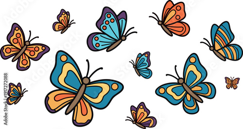 Colorful butterflies flying in various directions