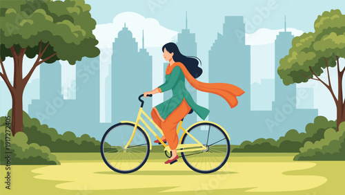 Serene woman cycling on a sunny day in an urban park, a beautiful vector illustration depicting a healthy and active lifestyle with city skyline backdrop
