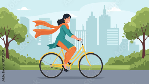 Woman riding yellow bicycle on road through park vector illustration with cityscape background