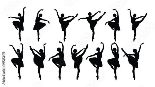 A group of ballerinas performing various dance poses in silhouette isolated on white background, Vector