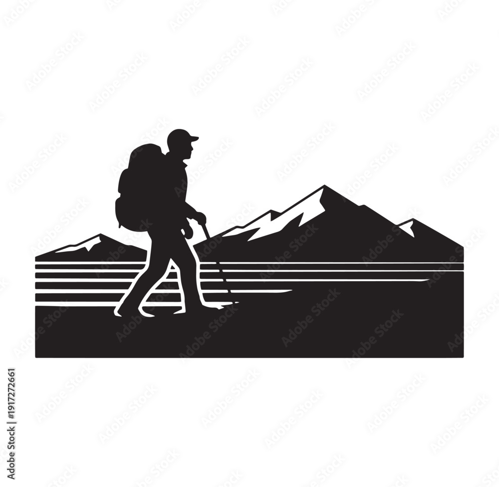 Obraz premium hiker walking with backpack and trekking poles in front of mountain range landscape