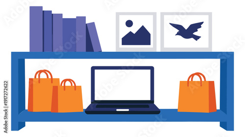 Flat illustration shelf display set featuring books, a laptop, framed pictures, and shopping bags for modern living and e-commerce