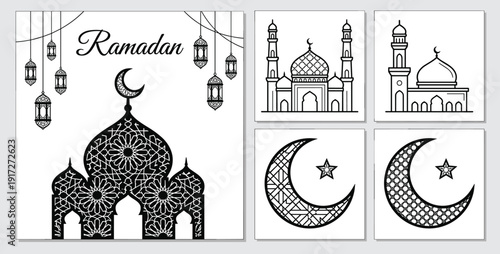 Ramadan mosque illustration with crescent moon, lanterns, stars, and decorative Islamic motifs for festive cultural design themes