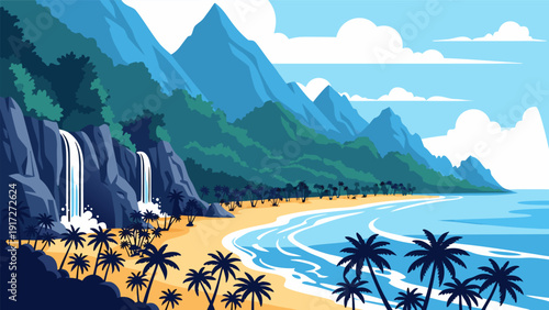 Vector Illustration of Serene Tropical Beach with Palm Trees, Mountains, Waterfalls, and Clear Sky