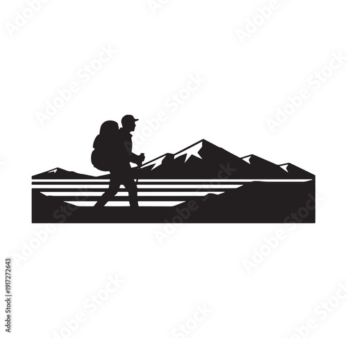 hiker walking with backpack and trekking poles in front of mountain range landscape
