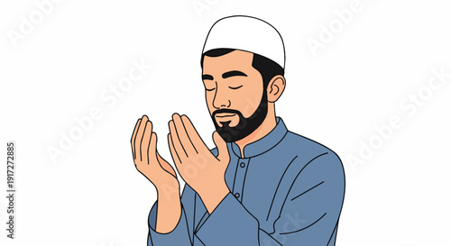 A man wearing a white cap and blue shirt with hands clasped in prayer against a plain white background.