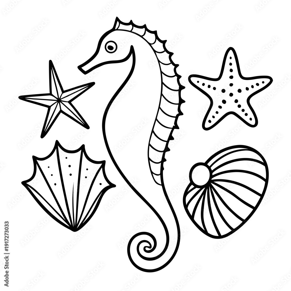 Fototapeta premium Black and white line art illustration of a seahorse, starfish, and seashells for coloring