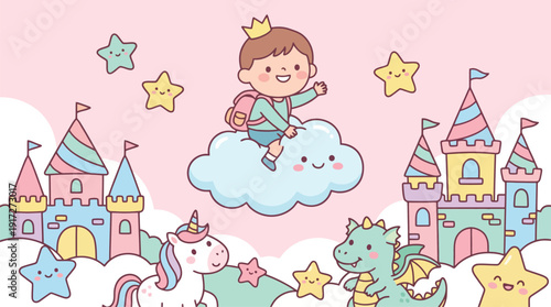 Whimsical cartoon illustration of a child flying on a cloud with magical creatures and castles.