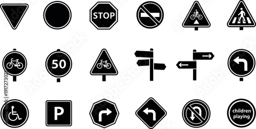 Collection of various road and traffic signs