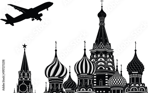 Saint Basils Cathedral Silhouette in Moscow Russia with Airplane Flying Over Kremlin Red Square for Travel and Tourism Concept Graphic
