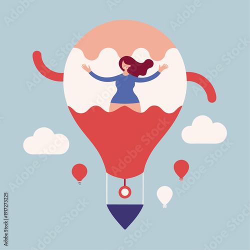 Happy woman flying in a lightbulb shaped hot air balloon representing creativity and new ideas