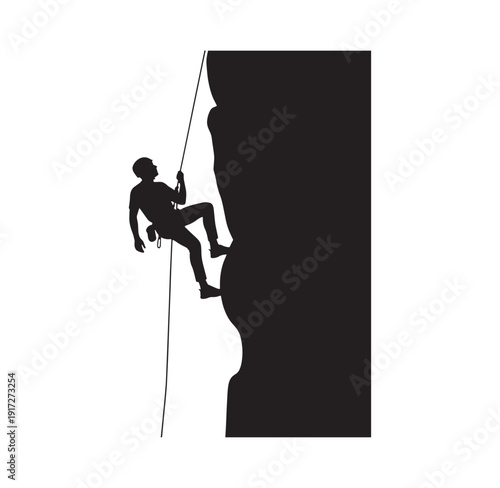 man climbing a steep cliff face with rope and harness on white background
