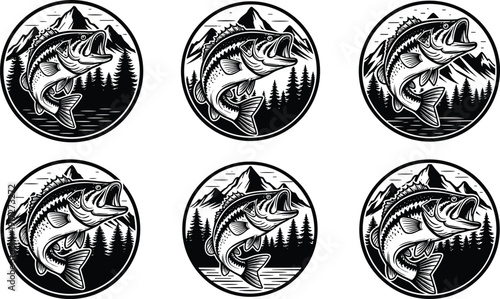 Set of six black and white circular fishing emblems featuring leaping bass fish with forest mountain lake background illustrations