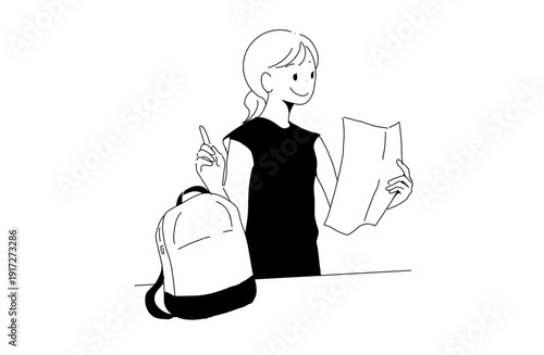 旅行の荷造りとチェックリストを確認する女性のイラスト　旅の準備　手書きベクター素材