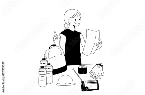 防災グッズをリュックに詰める女性のイラスト　備蓄の点検と準備　手書きベクター素材