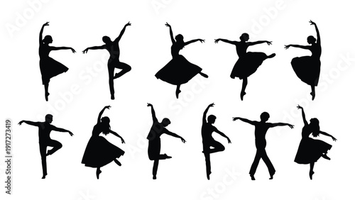 Silhouettes of dancers performing various ballet moves in a line isolated on white background, Vector
