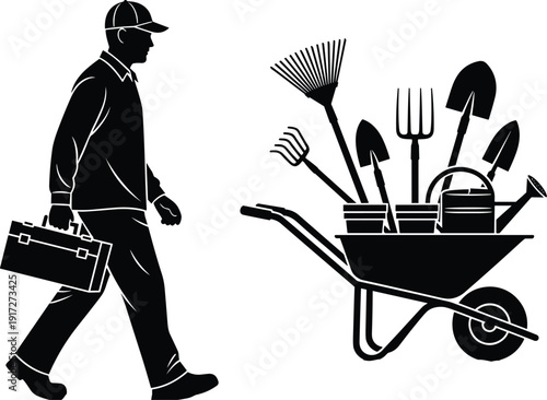 Silhouette of gardener walking with toolbox and wheelbarrow full of gardening tools, landscaping equipment, and supplies for outdoor work