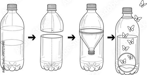 Step-by-step instructional illustration showing DIY butterfly trap made from plastic bottle, recycling concept and insect-catching educational guide