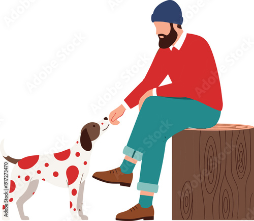 Stylized illustration of person in red sweater feeding spotted dog on tree stump, heartwarming companionship and outdoor friendship artwork