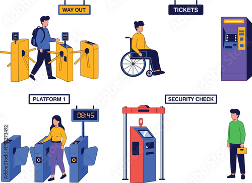 Stylized train station illustration showing passengers, wheelchair accessibility, ticket vending, security check, turnstiles, signage, and public transportation infrastructure
