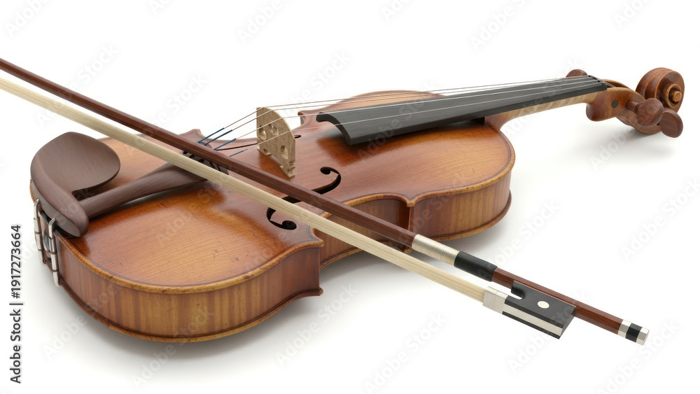 Fototapeta premium Violin and Bow on White Surface.