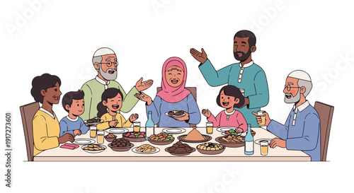 Diverse multi-generational family sharing a meal together at a table with various food plates and drinks in a warm and inviting atmosphere with a mix of cultural attire.