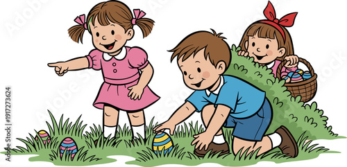Children on easter egg hunt in green grass
